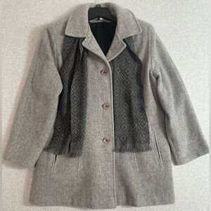 VTG Herman Kay Wool Pea Coat Scarf Womens 14 Gray Made‎ in USA Button Front READ